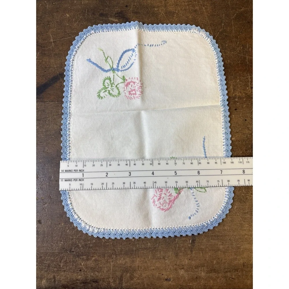 Set Hand Embroidered Dresser Set Doily's Crochet Border Blue Pink Flowers